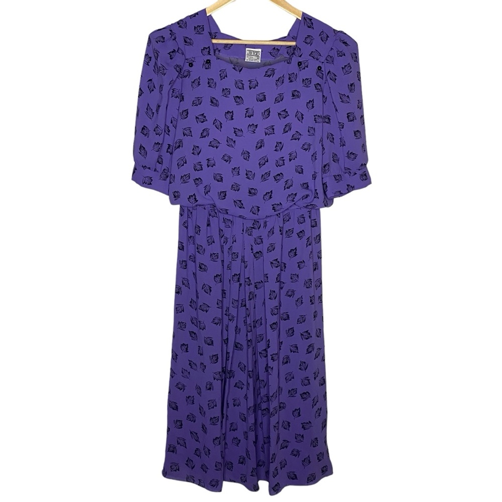 80s Mom Dress Purple Pleated Skirt Elastic Waist Short Sleeve Size 12 VTG